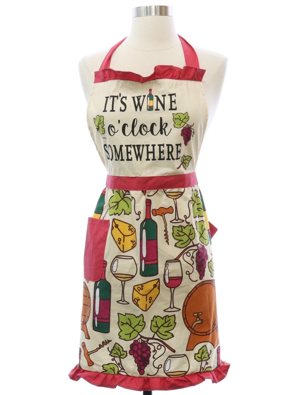 Wine Apron Wine O’Clock Somewhere Cotton Bib Apron Pantry Wine Print Ruffle